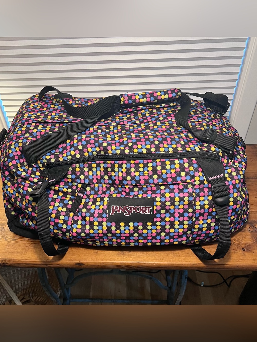 Vintage JanSport Y2K Multicolor Polka Dot Duffel Bag, Multiple Pockets